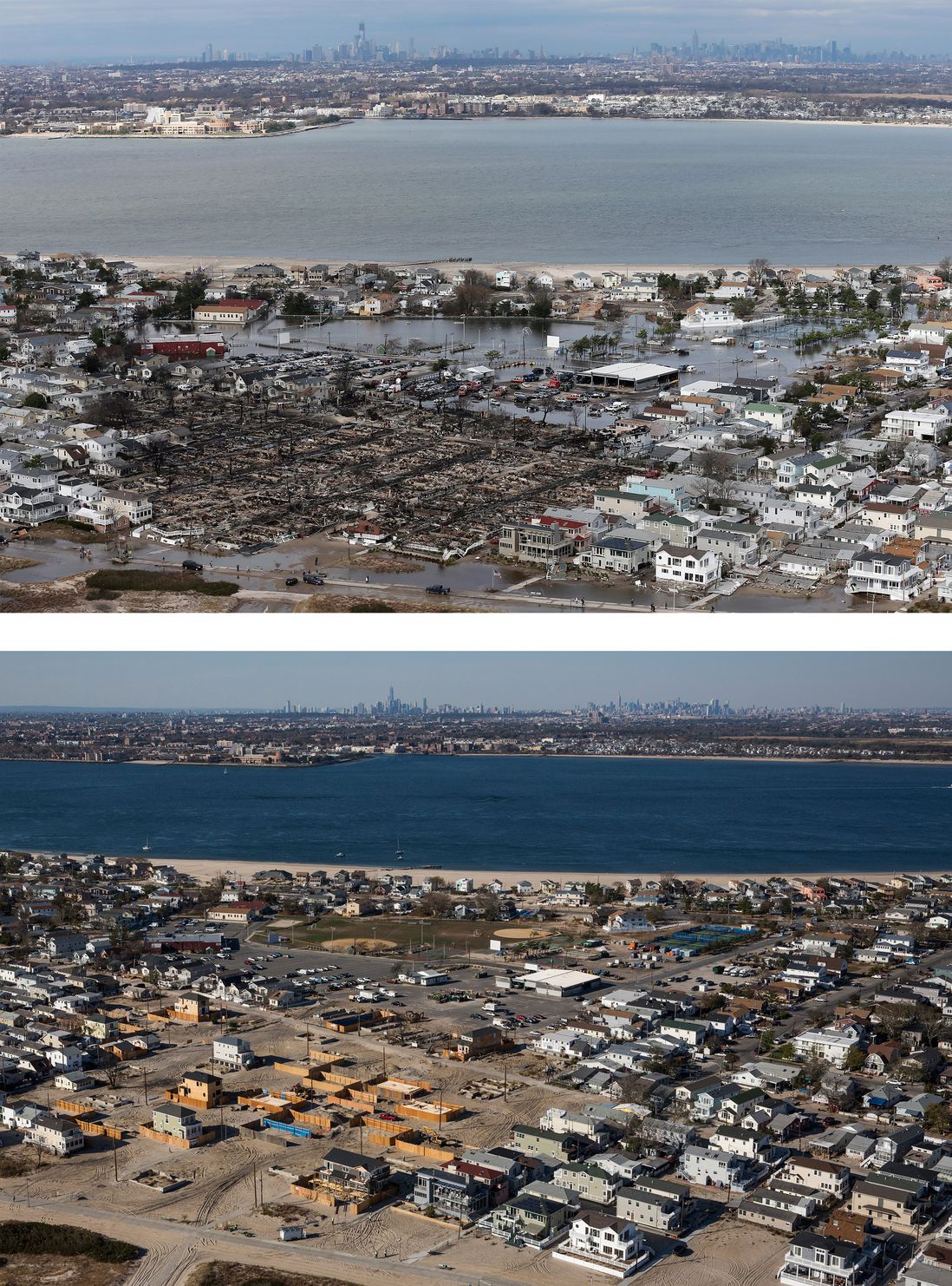 [Top] The remains of burned homes are surrounded by water due to Superstorm Sandy in the Breezy Point neighborhood of the Queens borough of New York City October 31, 2012. [Bottom] Newly built homes and vacant lots are shown in Breezy Point.